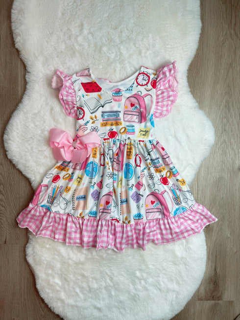 Bowtism  Girls Back To School Pocket Lace Dress with Matching Bow - Bowtism
